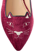 Thumbnail for your product : Charlotte Olympia Mid Century Kitty Embroidered Velvet Slippers - Burgundy