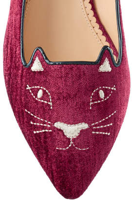 Charlotte Olympia Mid Century Kitty Embroidered Velvet Slippers - Burgundy