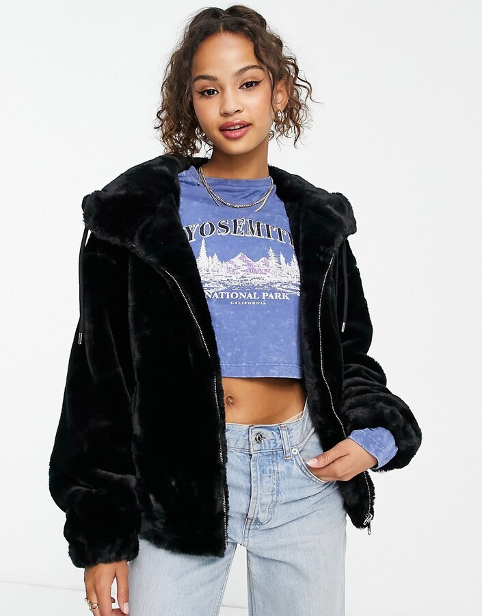 Stradivarius faux fur bomber jacket in black ShopStyle