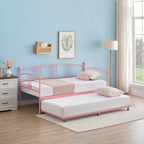 COZONYTwinDaybedwithTrundleMetalBedFramewithSix-WheelPull-OutRollerHeavy-DutySteelSlatsNoSpringMattressforLivingRoom