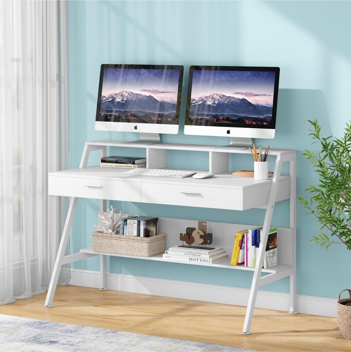 Tribesigns 47 inch Computer & Office Writing Desk with Storage Shelf,Drawers & Monitor Stand Riser for Home Office Use