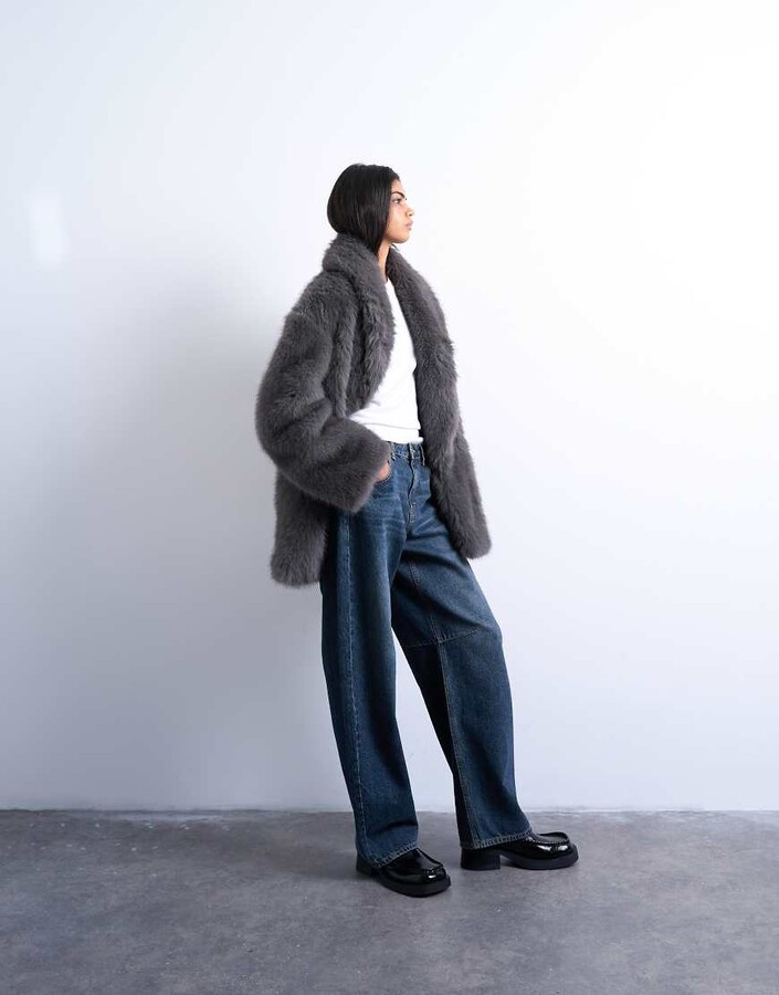Topshop faux fur shawl mid-length coat in charcoal