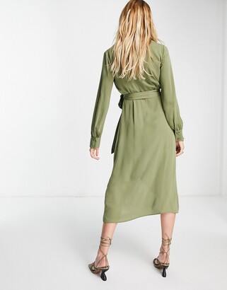 asos design collared wrap midi dress with tie belt