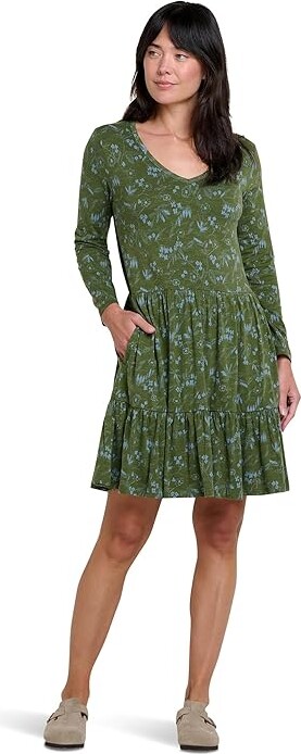 Toad&Co Marley Tiered Long Sleeve Dress Women's Dress Chive Sketch Print : LG, Cotton/Elastane/Tencel