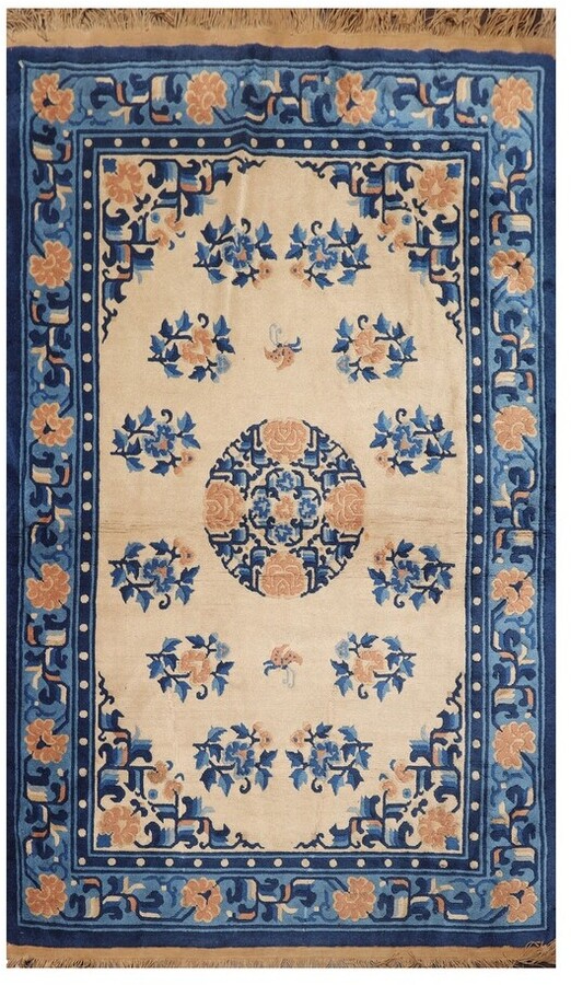 Overstock Hand Knotted Art Deco Beige,Royal Blue Persian Wool
