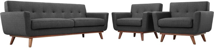 Modway Engage Modern Fabric 3-Piece Sofa Set with Armchairs in Gray