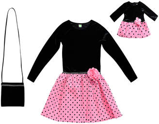 Dollie & Me Black & Pink Dot A-Line Dress Set & Doll Outfit - Girls