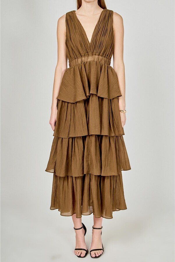 Endless Rose Women's Crinkled Deep V Tiered Maxi Dress