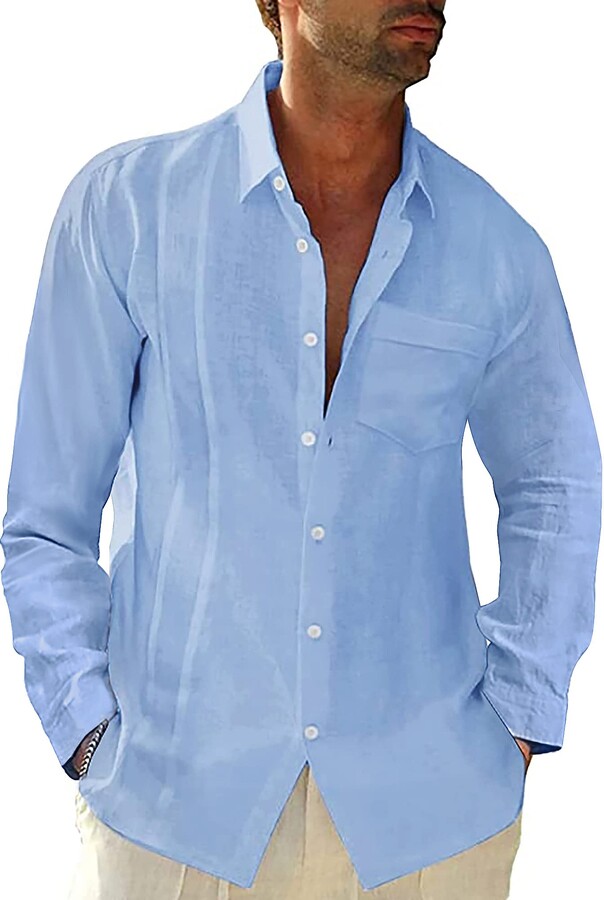 LVCBL Men's Linen Shirt Short Sleeve Summer Shirt Men Casual Shirt with Breast Pocket Regular Fit Men Shirts