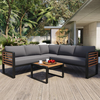 Latitude Run 4 Pieces Outdoor Patio Conversation Set, L-shaped Sofa with Soft Cushions and Coffee Table, Metal and Wood Frame for Garden and Backyard
