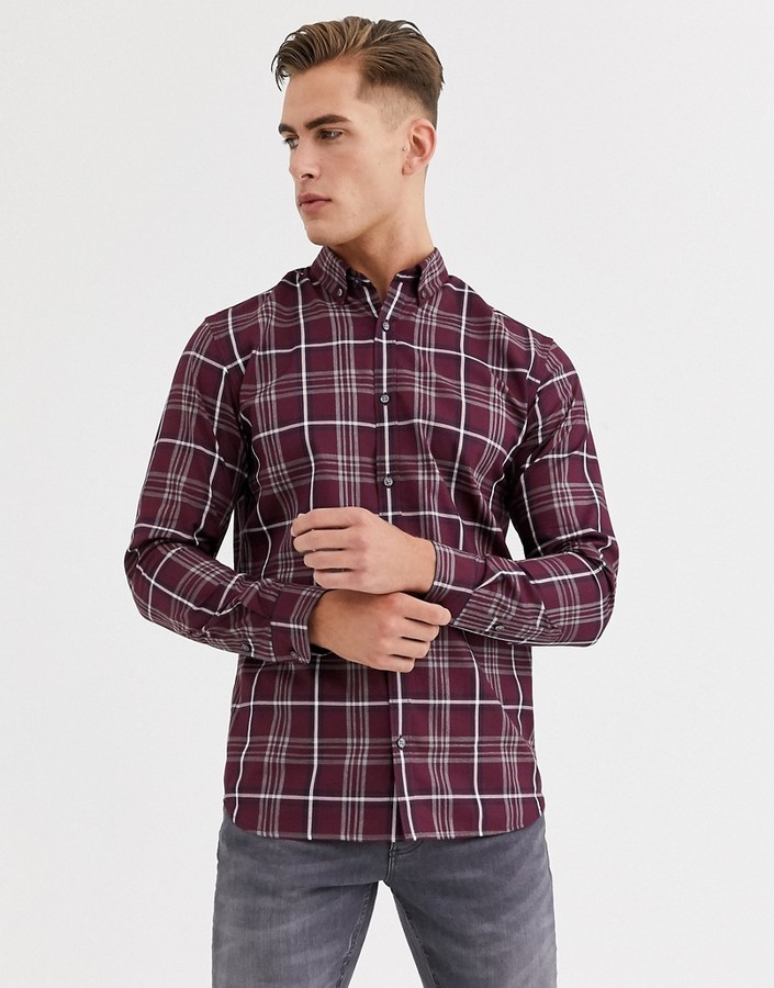 Jack and Jones slim fit check shirt in burgundy - ShopStyle