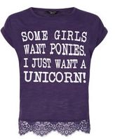 Thumbnail for your product : New Look Teens Purple I Just Want A Unicorn Lace Hem T-Shirt