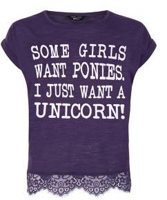 New Look Teens Purple I Just Want A Unicorn Lace Hem T-Shirt