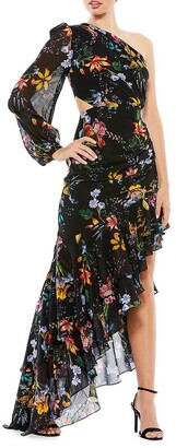 Mac Duggal Ieena Floral Slit-Sleeve Asymmetric Gown