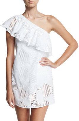 Milly Cotton Eyelet One-Shoulder Coverup Dress, White