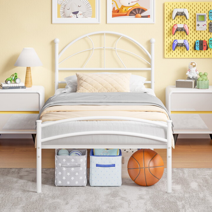 Yoneston Twin Size Kids Bed with Basketball Headboard Heavy Duty Metal Platform Bed Frame for Boys Teens Bedroom Furniture, White