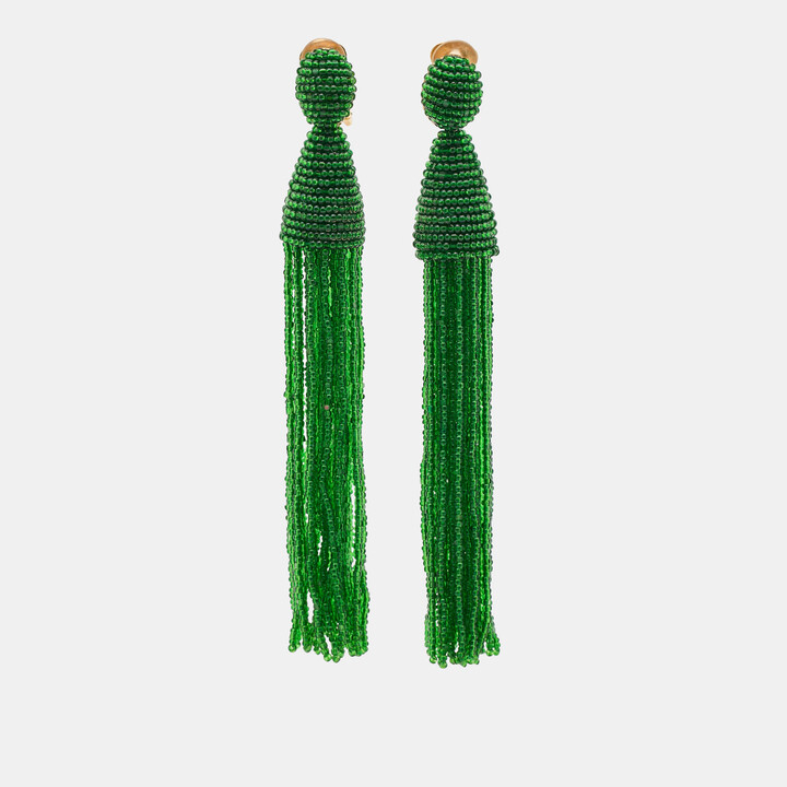 Oscar de la Renta Green Beaded Gold Tone Tassle Earrings