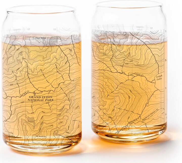 Grand Teton National Park Topographic Map Pint Glass Set - Can Shaped Beer Glasses, Wyoming Souvenir Gift For Nature Lovers