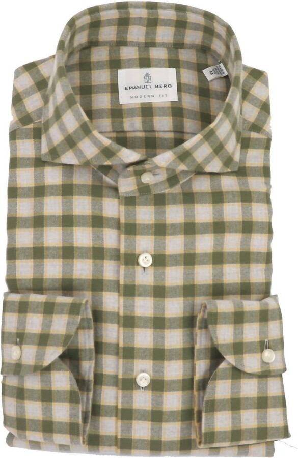 Emanuel Berg Men's Luxury Brushed Flannel Sport Shirt In Grey & Olive