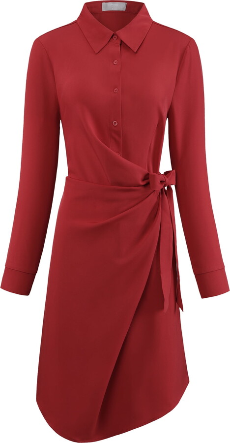 Unique Bargains Women’s Tie Waist Shirt Dress Long Sleeve Work A-Line Dresses 2XL Red