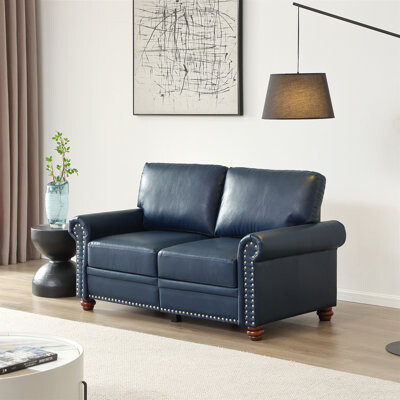 Charlton Home Living Room Sofa Loveseat Round Arm With Silver Nails Couch Navy Blue Faux Leather