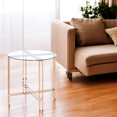 Latitude Run Champagne Metal End Table With Transparent Glass Top - Stylish Living Room Furnishing Champagne Surface Contemporary Flair