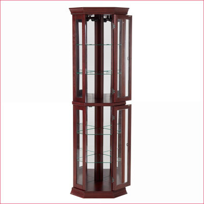 Latitude Run Curio Cabinets | Lighted with Adjustable Tempered Glass Shelves Mirrored Back Walnut Brown Finish | Traditional | Corner