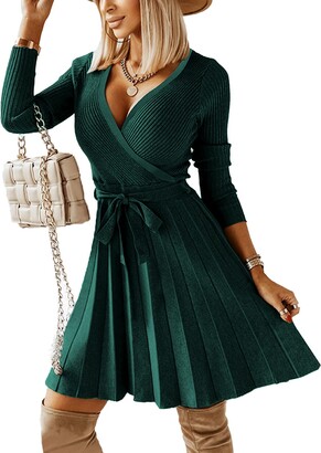 HUUSA Sexy V Neck Formal Sweater Dresses for Women Long Sleeve Tie