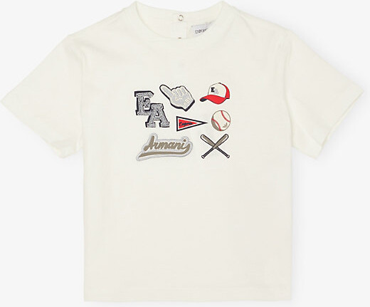 Emporio Armani Off White Baseball-Embroidered Short-Sleeve Cotton T-Shirt 3-36 Months 9 Months