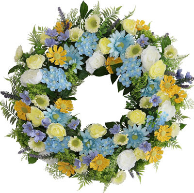 One Allium Way Faux Silk Cherry Blossom Spring & Summer Wreath for Front Door – Plum Blossom & Eucalyptus Leaves – Farmhouse Porch Decor, Indoor/Outdoor Use