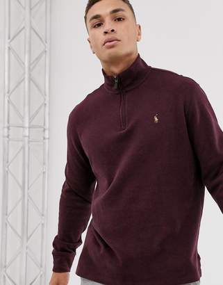 Polo Ralph Lauren half zip knitted jumper in burgundy with multi player logo