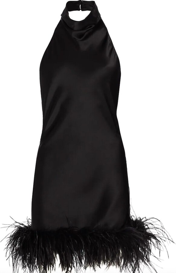 Amanda Uprichard Lunaria Silk Halter Dress With Feather Trim in Black ...