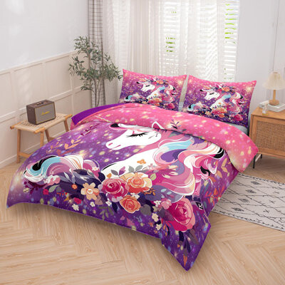 KIBNOF Kids Bedding Set for Girls Unicorn Comforter Set Full Girls Bedding Sets All Season with 2 Pillowcase