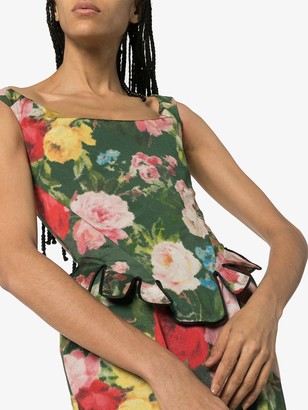 Richard Quinn Floral Print Peplum Midi Dress