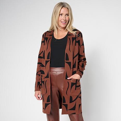 Nina Leonard Sweater Knit Jacquard Long Cardigan - Multi - Size X-Small