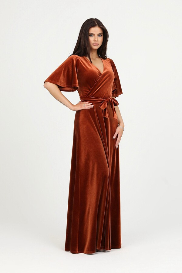 Elegant Velvet Maxi Dress, Rusty Orange Wrap Bridesmaid Gown