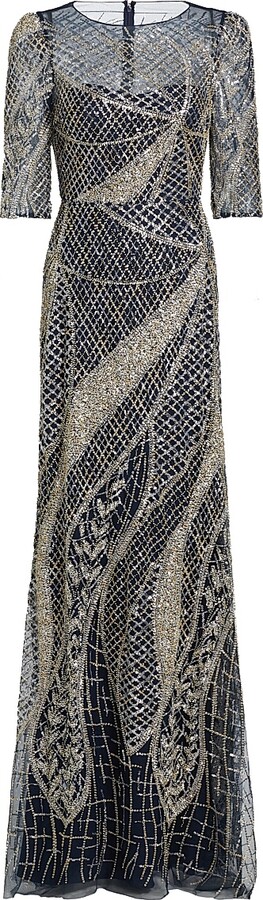 Women's Embellished Tulle Boatneck Gown - Navy Multi - Size 2