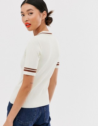 Monki short sleeve knitted polo top in off white