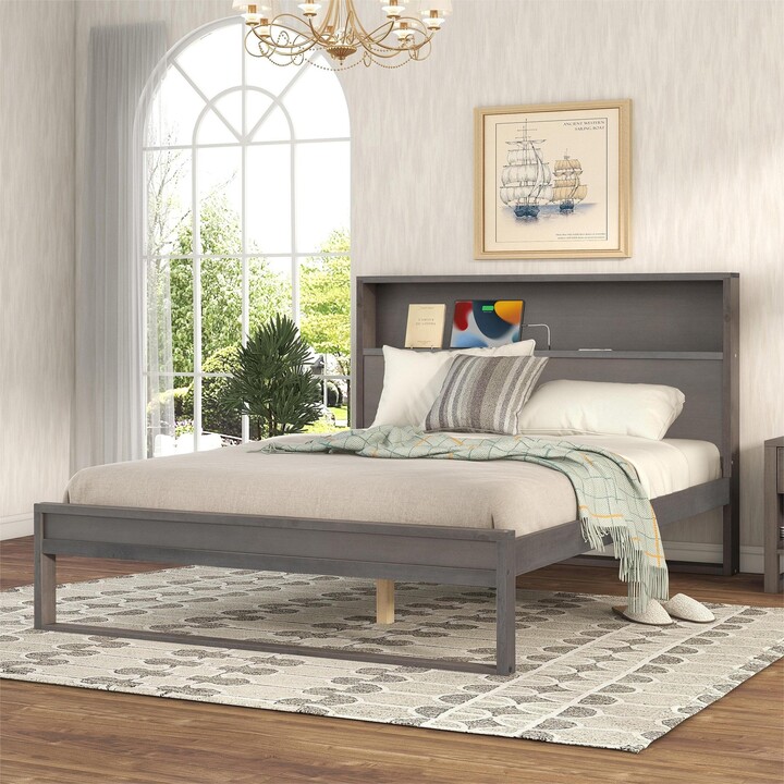 TOSWIN Queen Size Wood Platform Bed with Storage Headboard, Sockets and