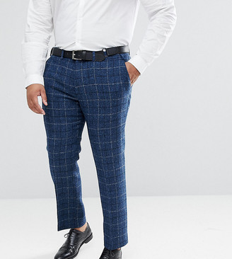 Asos Design ASOS PLUS Slim Suit Trousers in 100% Wool Harris Tweed Herringbone In Blue Check