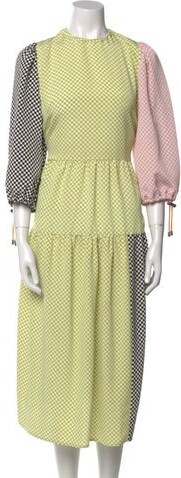 KKCo Plaid Print Long Dress KKCo Shift Dress Green Plaid Print Three-Quarter Sleeve with Crew Neck