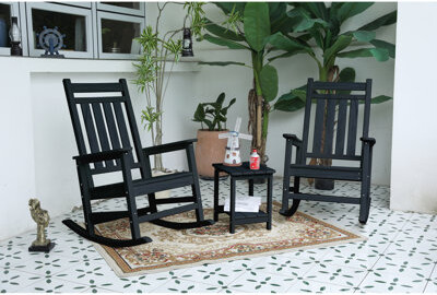 Ebern Designs Outdoor Rocking Chair With Side Table In Black. Weather-. Ergonomic Design For Comfort. Wide And Contoured Seat. Holds Up To 380 Pounds. 32.5\