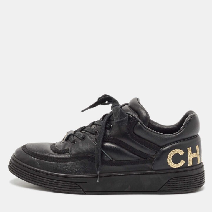 Chanel Black Leather Perforated CC Lace Up Sneakers Size 38 Low