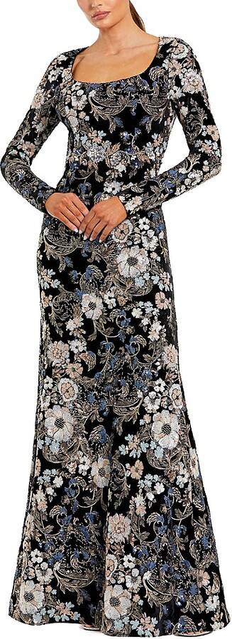 Mac Duggal Embroidered Velvet Long Sleeve Scoop Neck Gown