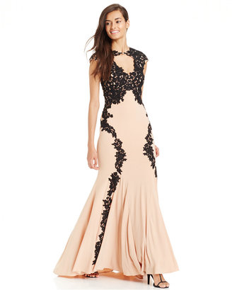 Betsy & Adam Petite Lace-Overlay Keyhole Gown
