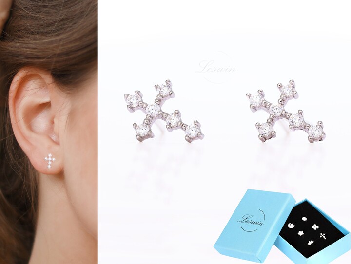 18K Gold Finish Zirconia Tiny Cross Studs, Silver Cz Pave Earring, Dainty Sparkly Gold, Men's Jewelry, Women Gift, Charm