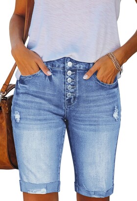 Romastory Women's High Waisted Elastic Jeans Shorts Folded Hem Hot