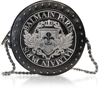 Balmain Black Soft Leather Disco Crossbody Bag w/Silver Embroidered Blazon