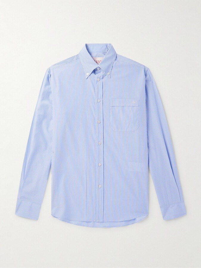 Valentino Garavani Button-Down Collar Logo-Embroidered Striped Cotton-Poplin Shirt