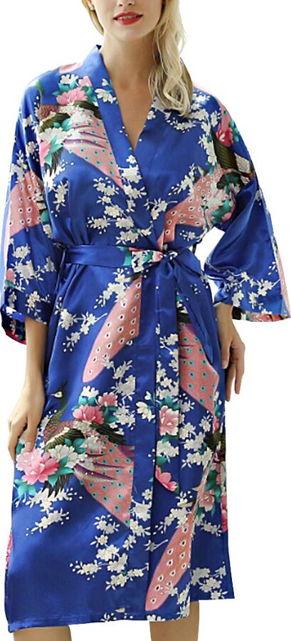 La Dearchuu Dressing Gowns for Women Satin Kimono Robes for Bridesmaid Robes UK Size 4-26 Peacock and Blossoms Nightwear LadiesPlus Size Lingerie Robe for Pyjamas Party Wedding 